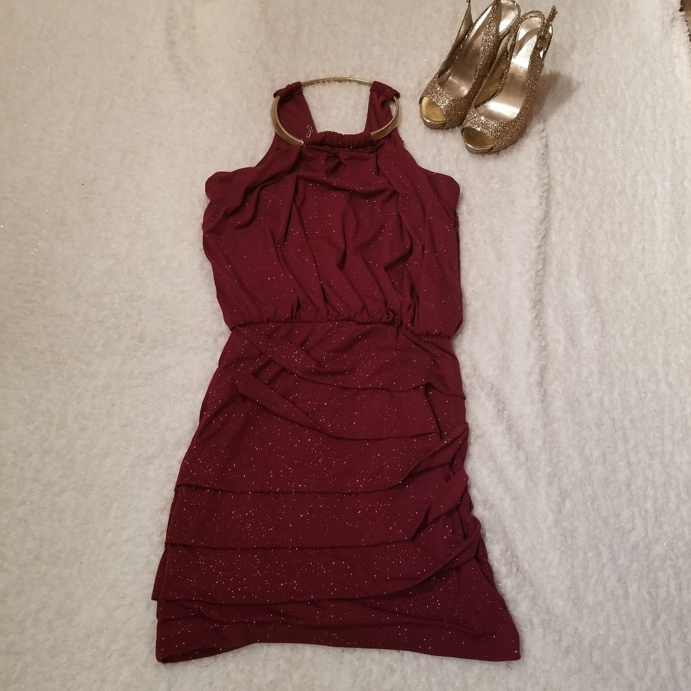 Dark red glittery dress with gold chain neck